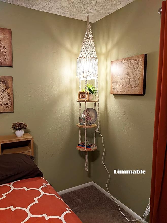 Boho Plug in Pendant Light,Hanging Light with Plug in Cord,Hanging Lamp Macrame Lamp Shade,Dimmable Switch,3 Tier Hanging Plant Shelf Shelves Bohemian Decor for Bedroom Living Room Corner