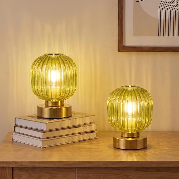 Elenhome Green Touch Glass Table Lamp Set of 2, 3-Way Dimmable Bedside Lamps, Vintage Mid-Century Modern Nightstand Lamps for Bedroom and Living Room, Ambient Mood Lighting, LED Bulb Included