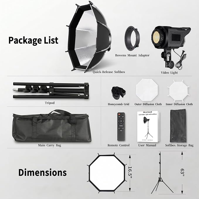 Niceveedi Softbox Lighting Kit, 2700-6500K LED Photography Lighting with 16.5” Quick-Release Softbox/Bowens Mount/Cooling System/Remote/Tripod, 90W Video Light for Video Recording/Streaming/Portraits