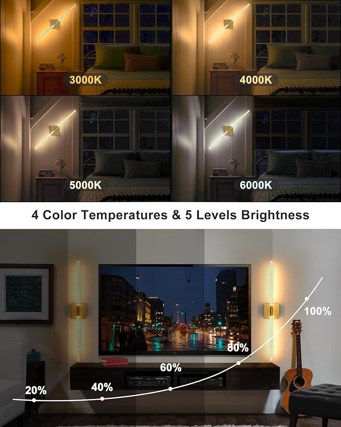 Wall Sconce Set of 2: Gold Rechargeable Wireless Magnetic Install, Crystal | 10000mAh Battery Operated, 360° Rotatable Wall Light,4CCT Dimmable LED Scone Lighting for Living Room Bedroom. 31.7in