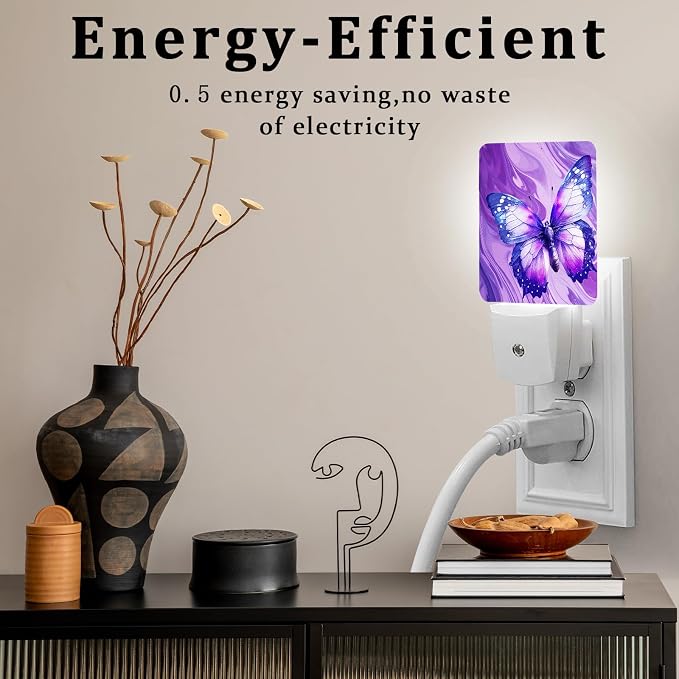 Butterfly Night Light, Plug-into Wall Purple Marble Nightlight Lamp with Dusk to Dawn Sensor, Led Lamp 0.5W Energy Efficient for Boys Girls Adults Home Decor