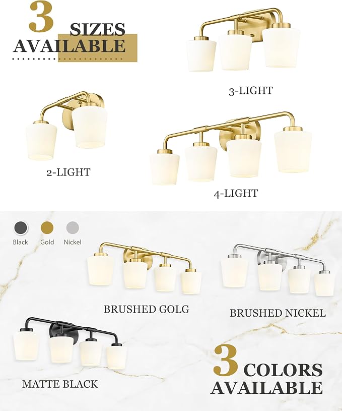 Bathroom Light Fixtures Over Mirror, 4-Light Brushed Gold Vanity Lighting Fixtures with Milk White Glass, Farmhouse Champagne Bronze Wall Sconces Lighting, AD-22004-4W-GD