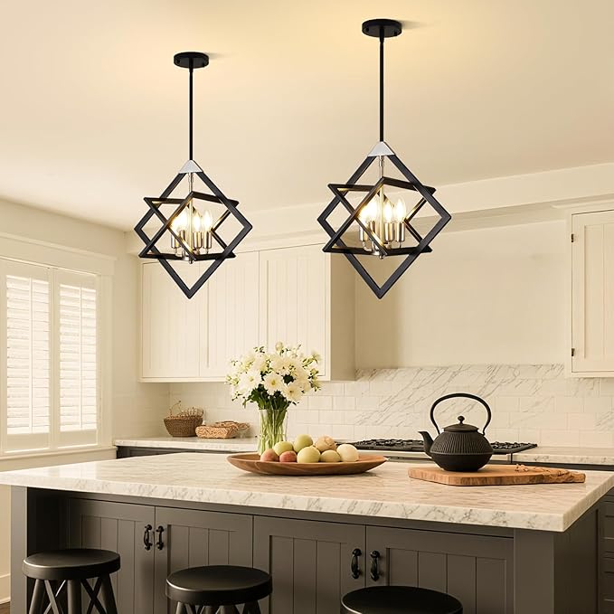 18" Modern Pendant Lights Kitchen Island, 4-Light Black + Brushed Nickel Farmhouse Pendant Light Fixtures, Industrial Hanging Pendant Lights for Kitchen Island Dining Room Hallway Foyer Entryway