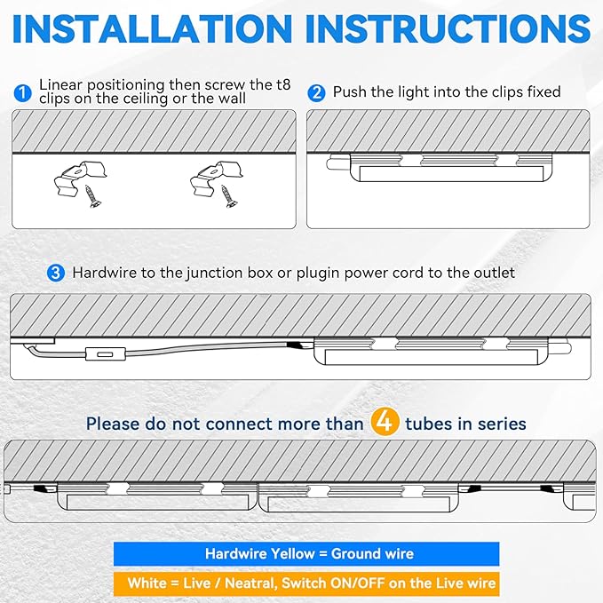 CNSUNWAY Led Shop Lights, 4FT LED Light 50W 7500LM 6500K Daylight White, D Shape Garage Light, Linkable Clear Cover T8 Integrated for Garage Workshop Workbench, ETL Listed(4-Pack)