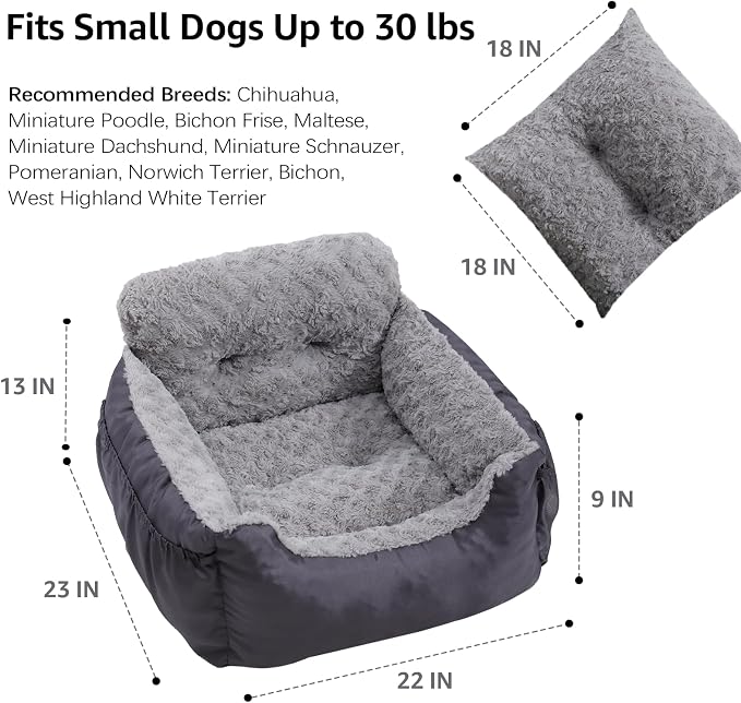 Oiilores Dog Car Seat for Small Dogs, Washable Pet Booster Car Seats with Clip-On Safty Leash, Comfy Deluxe Plush Carseat with Storage Pockets, Puppy Travel Carrier Bed for Dogs Under 25 lbs, Grey