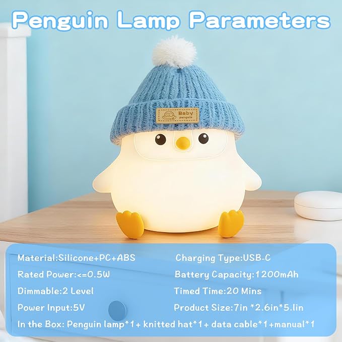 FAMIDUO Penguin Night Light for Kids, Silicone Nursery Lamp with Knit Hat