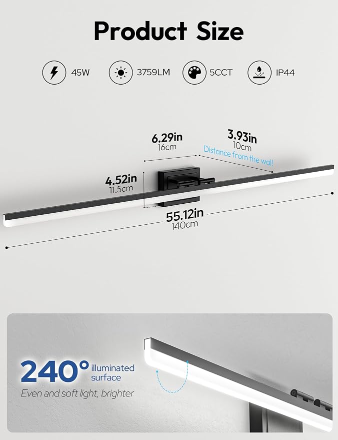 VOLISUN Modern Bathroom Vanity Light 55 inch, 45W Dimmable 5CCT Led Bathroom Light Fixture Over Mirror, Black Bar Vanity Light for Bathrooms Mirror Cabinets Bedroom