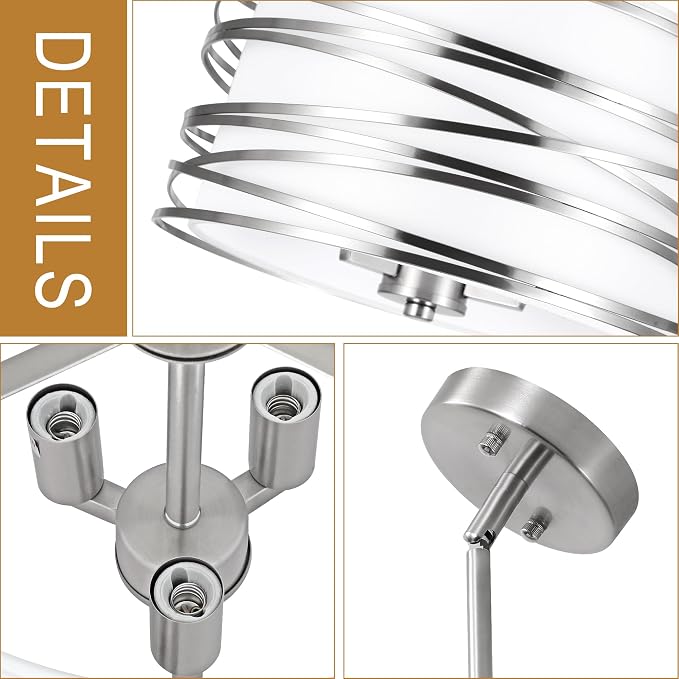 ACNKTZ 12.6'' Brushed Nickel Drum Chandelier, 3-Lights Hanging Dining Room Light Fixtures Over Table, Simple Round Pendant Lighting for Kitchen Island Hallway Bedroom Foyer Bathroom Office
