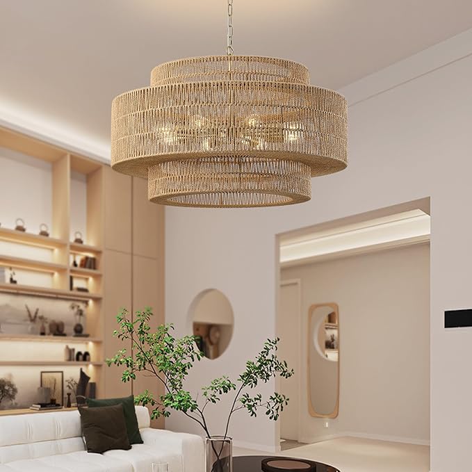 31.5"Large Boho Rattan Farmhouse Chandeliers for Dining Room,8-Light Rattan Hand-Woven Rustic Drum Chandelier Pendant Light Fixture for Kitchen Island Bedroom Living Room Entryway Foyer(Brown)