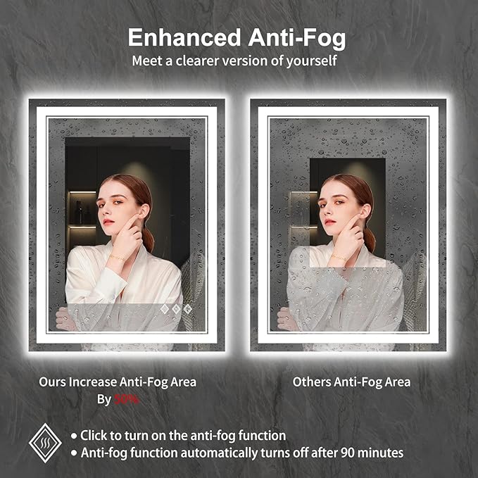 LED Bathroom Mirror, 24x32 Inch Vanity Mirror with Lights | Gradient Front and Backlit Bathroom Mirror with Lights, 3 Colors Dimmable CRI>90, IP54 Enhanced Anti-Fog, Hanging Plates