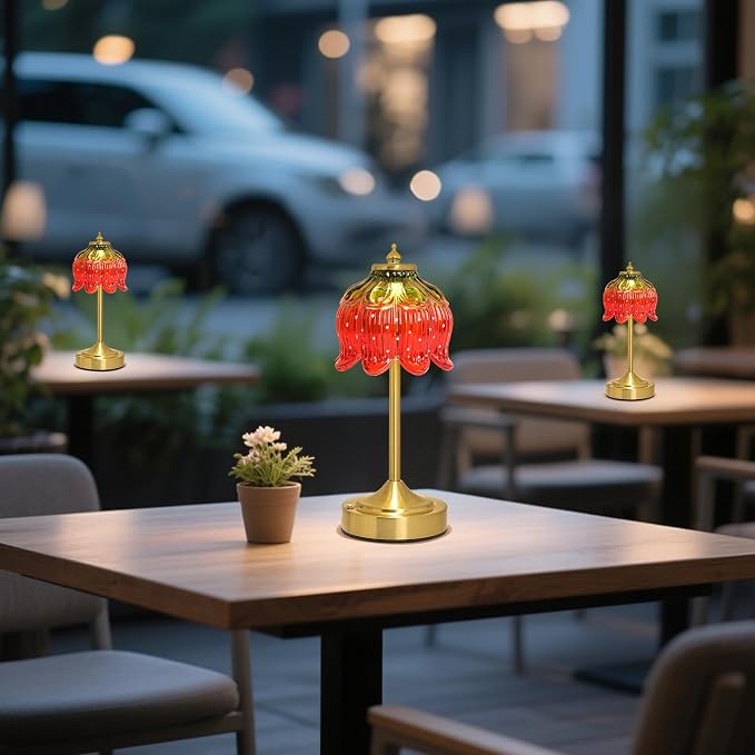 Cordless Table Lamp, Rechargeable Strawberry Glass Flower Lamp | 5200mAh touch lamp with 3 color modes and stepless dimming, battery operated lamp for nightstands and kitchen counters