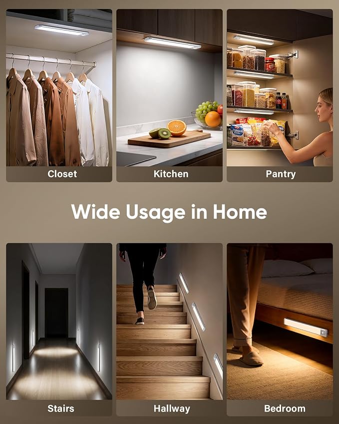 MCGOR 5 Pack 10inch Under Cabinet Lighting, Rechargeable Motion Sensor Light Indoor with 3 Color Temps, Dimmable Magnetic Led Closet Lights, Wireless Under Counter Lights for Kitchen, Stairs