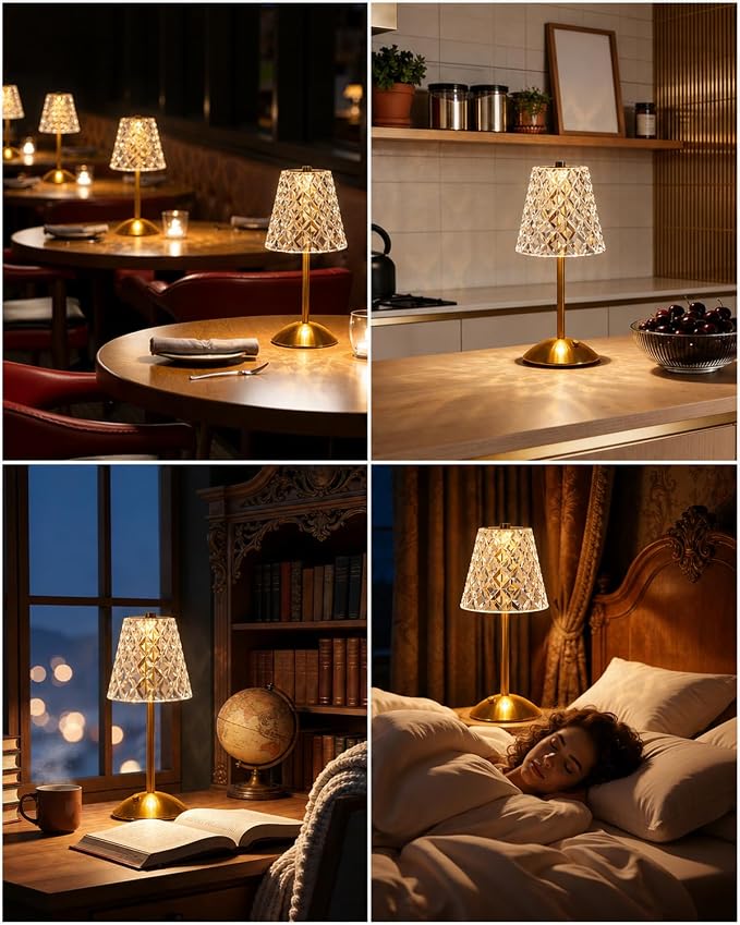 Nusogon Rechargeable Cordless Table Lamp, Gold Small Battery Powered Lamp | 3 Color Dimmable Small Bedside Lamp, LED Touch Lamp for Bedroom Restaurant Kitchen Home Decor