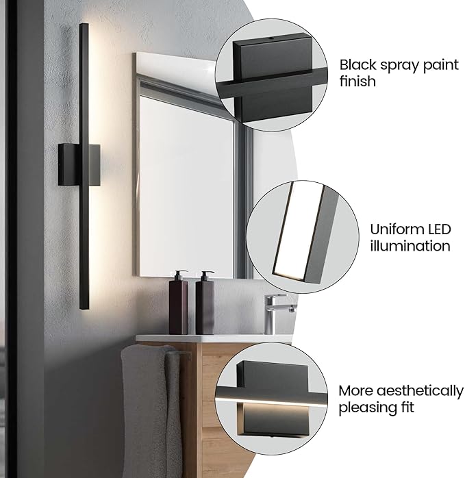 Black Bathroom Vanity Light - 31.5 inch Modern Bathroom Light Fixture Over Mirror 22W LED Dimmable Wall Sconce Lighting Fixture for Bedroom