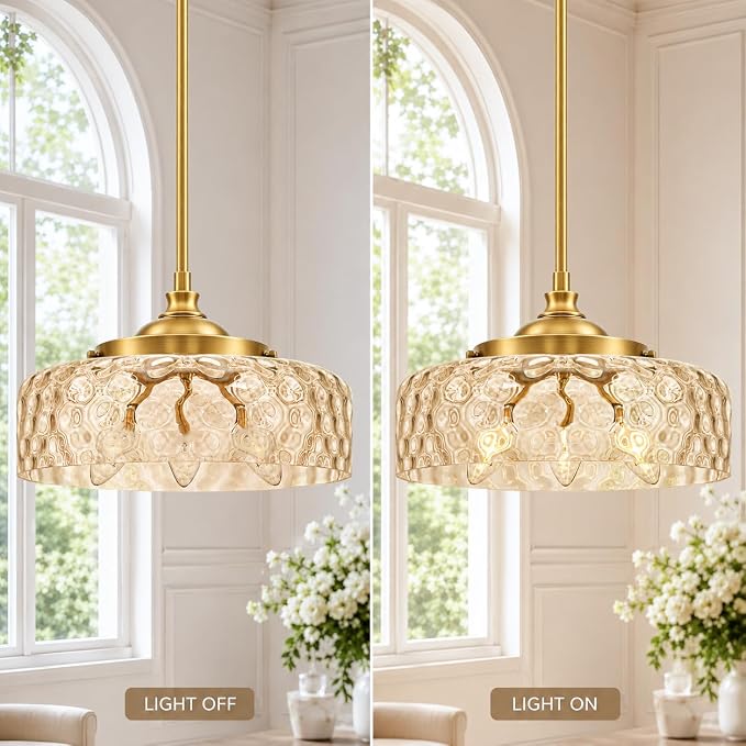 Gold 3-light Pendant Lights Kitchen Island with Hammered Glass over Sink | Height adjustable hanging light fixture kitchen, 90-degree swivel, 2-in-1 ceiling light and pendant light, E12 base,3 light