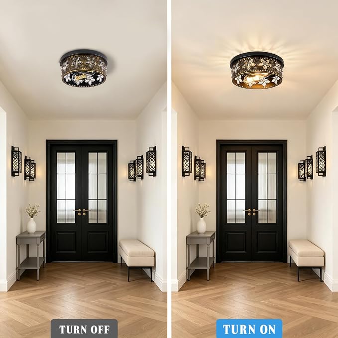10.6 Inch Black Gold Flush Mount Ceiling Light Fixture | 2-Light, Flower, Farmhouse, Kitchen, Dining Room, Bedroom, Living Room, Foyer, Entryway