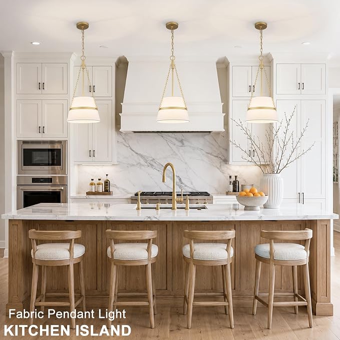 11.4" Gold Drum Pendant Light for Kitchen Island, White Linen Fabric Shade | Modern Transitional, Cone Shape, 3 Side Chains, 1-Light, Breakfast Nook, Reading Corner, Adjustable Height 11.42"W x 23.82"H