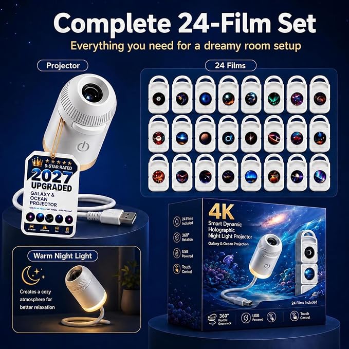 2027 New Smart Hd 5d Holographic Night Light Projector, Plug and Play Star, 360° Adjustable Hd Galaxy and Ocean Projector for Bedroom Ceiling (12Projection Films)