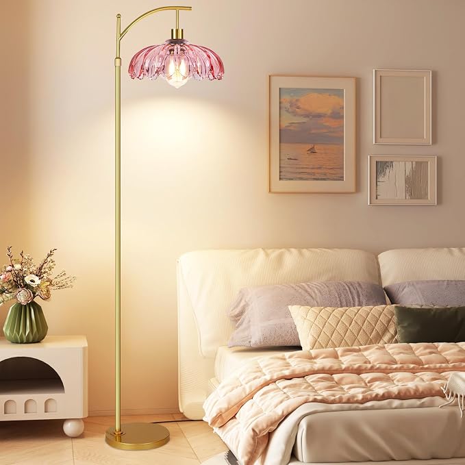 ILLMTW Floor Lamp for Living Room,Bedroom,Gold Dimmable Standing Lamp with Remote,Mid Century Modern Brass Tall Lamp Retro Vintage Pink Glass Lamp Floor Light Boho Bohemian