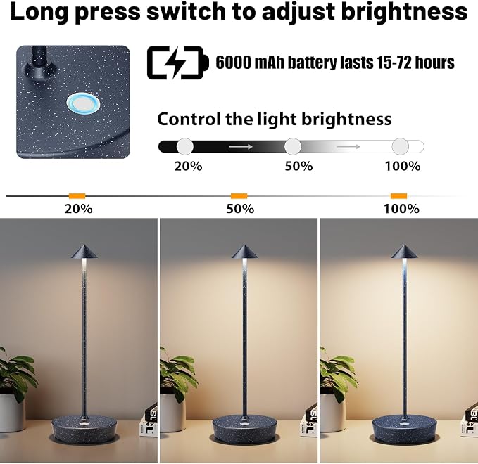 2Pack Rechargeable Cordless Table Lamp, Portable Powered LED Battery 6000mAh Metal USB Desk Lamp, 3 Levels Brightness Light for Restaurants Outdoor (2pack Blue White)
