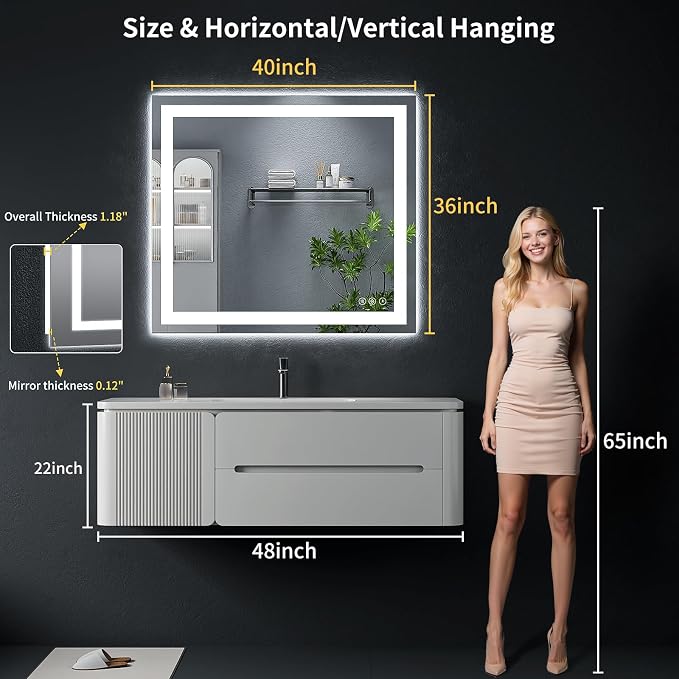 36"x40" LED Bathroom Mirror with Lights, Backlit+Frontlit, Anti-Fog | CRI 95, Stepless Dimmable, 3 Colors Lighting, Shatterproof Tempered Glass, HD Reflection, Memory, (Horizontal/Vertical)