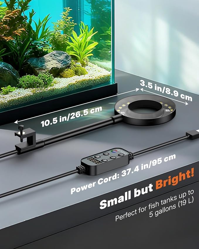 Pawfly 6W Smart Bluetooth Fish Tank Clip Light, Full Spectrum LED Aquatic Light with 24-Hour Cycle Timer & Variable Brightness, USB Supply for 1-5Gal Small Tanks (Adapter Not Included)