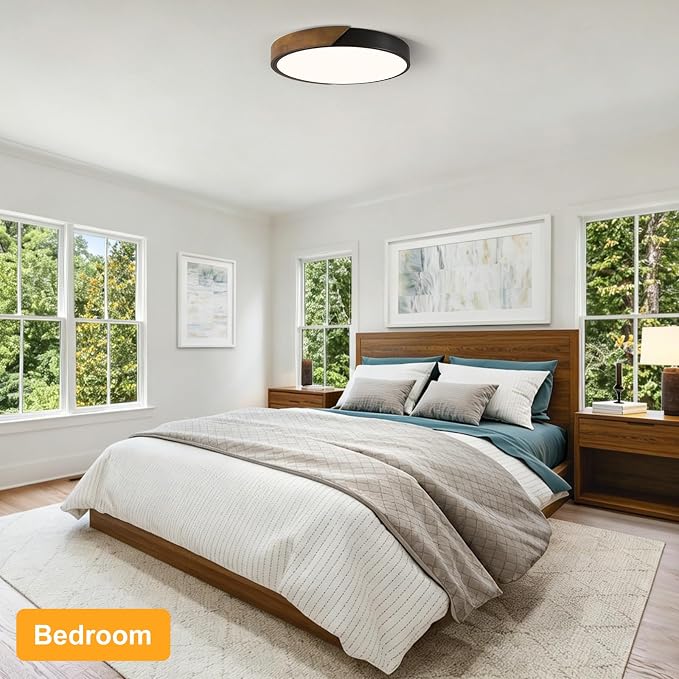 Modern LED Ceiling Light, Brown Walnut Wood Minimalist Flush Mount Ceiling Light Fixture, Dimmable Circle Lighting Lamp with Acrylic Lampshade for Bedroom Hallway Laundry 15.8"