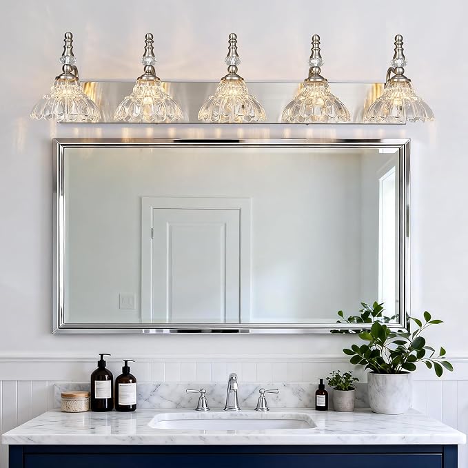 Vintage Bathroom Vanity Light, 5-Light Brushed Nickel Vanity Lighting Fixture with Flower Glass Shade, Bathroom Lighting Fixtures Over Mirror