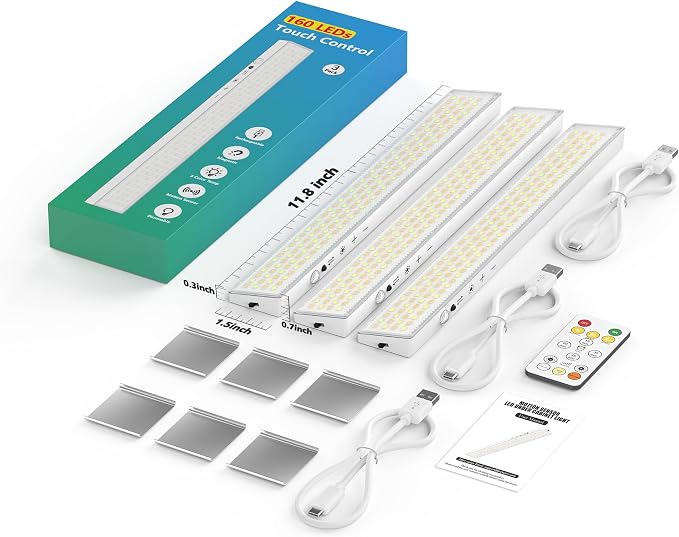 12" Under Cabinet Lights Wireless Rechargeable, Motion Sensor, 3Pack, White | Touch & Remote Control丨160 bright LEDs丨4000mAh Battery丨Dimmable 3 color temps丨Magnetic install for kitchen counter, closet