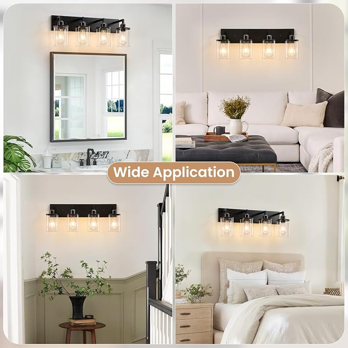 4-Light Bathroom Light Fixtures, Black Bathroom Lighting Fixtures Over Mirror with Clear Glass Square Shade, Modern Vanity Lights for Bathroom, Living Room, Hallway, Cabinet