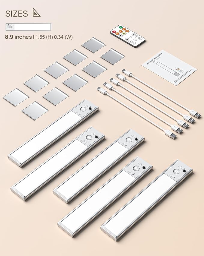 Under Cabinet Lights Wireless, Motion Sensor Light Indoor, Stick On Magnetic Closet Lights with Remote, 3 Color Temps & Dimmable, LED Rechargeable Under Counter Lights for Kitchen, Wardrobe, Stairs