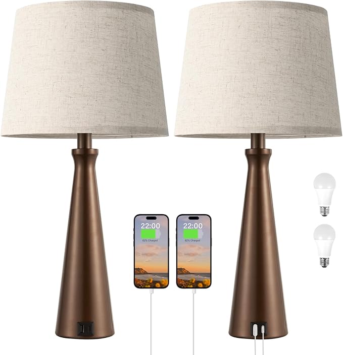 Modern Touch Lamps for Nightstand, 3 Way Dimmable Bedroom Lamp Set of 2 | USB C+A Charging Ports, Brown Bedside Lamps for Bedroom, Living Room, End Table, Bed Side, LED Bulb Included