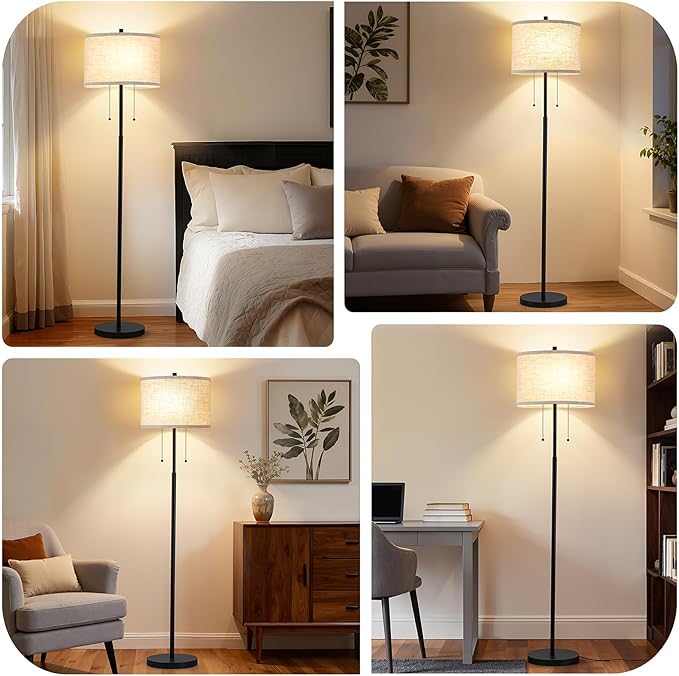 Luvkczc Floor Lamp, 62" Standing Lamp Tall Lamp with Fabric Lampshade&Pull Chain Corner Floor Lamps for Living Room, Bedroom,Office Corner (Black 2 Bulb Socket)