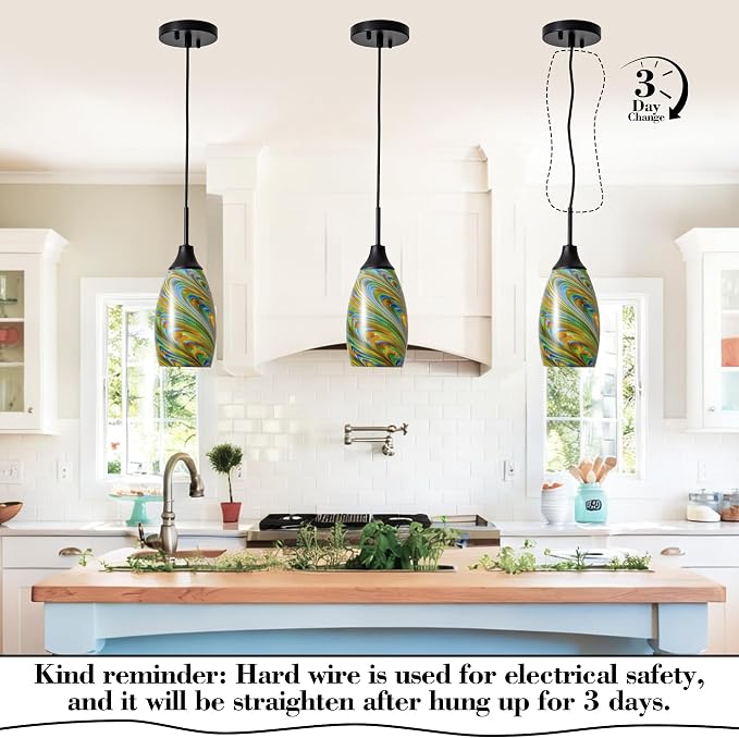 Viinew Mini Glass Pendant Light 3-Pack Colorful Oval Pendant Lights | 4.72" with Handblown Glass Oval Chadelier,Glass Ceiling Pendant Light for Dining Room Kitchen Island Cafe Foyer