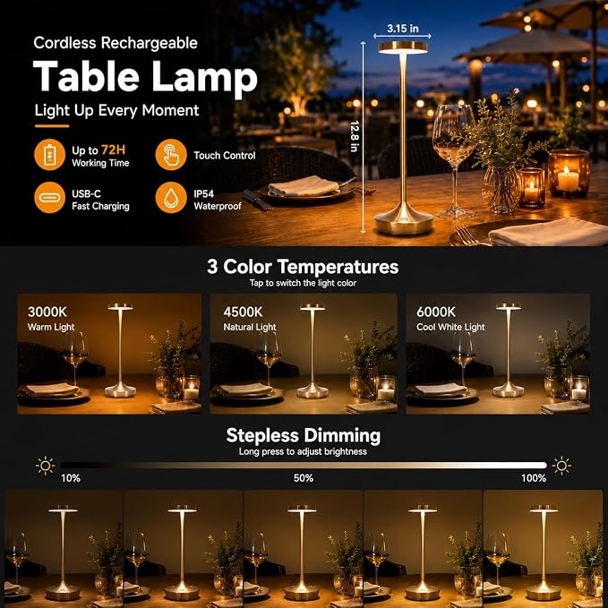 Cordless LED Table Lamps, Rechargeable 6000mAh, 72H Runtime, Waterproof | Stepless Touch Dimming with 3 Color Modes & Memory Function for the Perfect Ambiance at Home, Restaurants & Patios (Bronze)