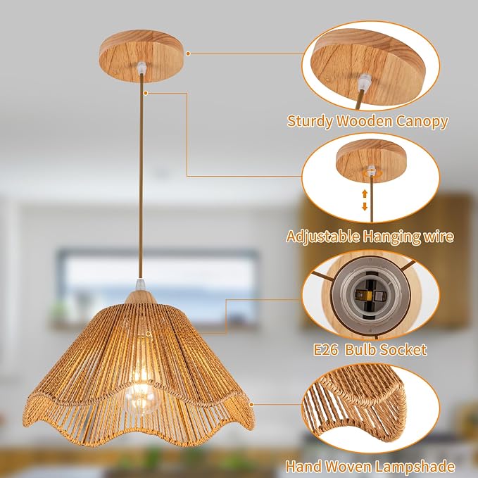 D12.5 Inch Boho Light Fixtures Boho Rattan Pendant Light Flush Mount Mini Chandelier Woven Hanging Light Fixture for Bedroom Hallway Entryway Nursery Kitchen Island