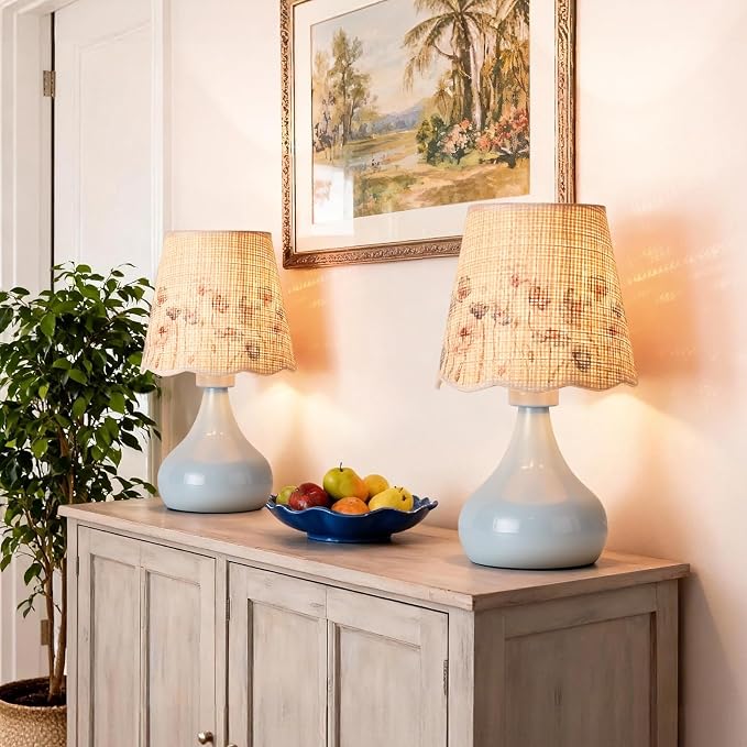 Ziqqeelam Blue Small Bedside Cute Table Lamp for Bedroom, Table Lamps for Nightstand, Scalloped Rattan Shade Table Lamps for Small Spaces for Bedroom, Home Office, Living Room