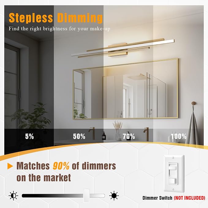 VitaLink 48" Gold LED Bathroom Light Fixtures Long Vanity Lights Over Mirror Lighting Lamps Wall Mount Lighting Over Vanity Picture Indoor 5CCT(3000K/3800K/4500K/5200K/6000K)