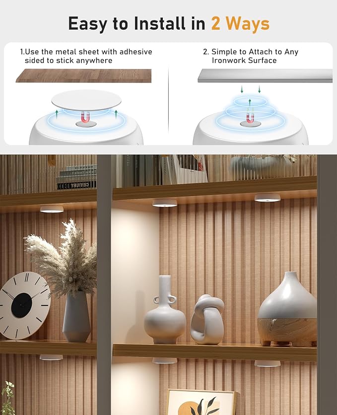 Motion Sensor Closet Lights, USB-C Rechargeable Under Cabinet Puck Lighting with Charge Station, Dimmable Battery Powered Step Lights for Kitchen, Stairs, Wardrobe