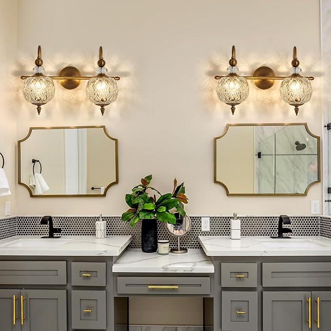 Piepooye Vintage Bathroom Light Fixtures Gold Vanity Light with Glass Globe LampShade 2 Lights Mid Century G9 Bulb Wall Sconce Indoor Vanity Light Over Mirror for Bedroom Farmhouse Hallway
