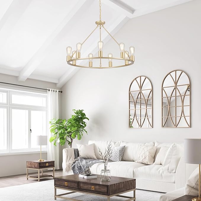 9-Lights Gold Chandelier | Dia 32'' Farmhouse Wagon Wheel Chandelier | Rustic Hanging Dining Room Light Fixture | Apply to Living Room | Kitchen Island | Entryway | Foyer