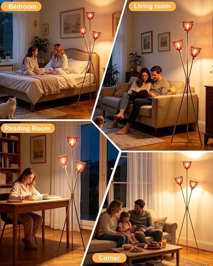 Lightdot 3-Lights Glass Tripod Floor Lamp Gold Dimmable Floor Lamps with 3000K Warm White Bulbs for Wedding Party 62IN Tall Standing Lamp with Deep Red Glass Shade for Living Room/Bedroom/Home Decor