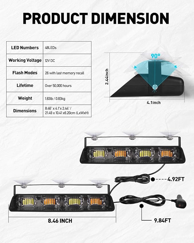HLauto 2002L Emergency Dash Strobe Lights: White Safety Lights, Flashing Warning Hazard Windshield Visor Traffic Light Bars for Trucks, Construction Vehicles (2x8.5 inch, 48LED)
