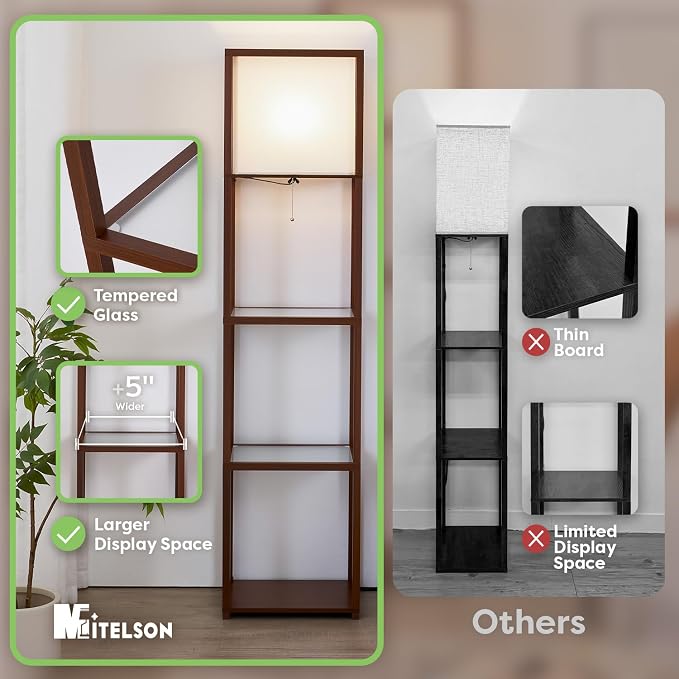 Floor Lamp with Shelves, Modern Shelf Lamps with Tempered Glass, Standing Lamp with LED Bulb, Display Corner Shelf with Lights for Living Room, Bedroom, Office, Brown
