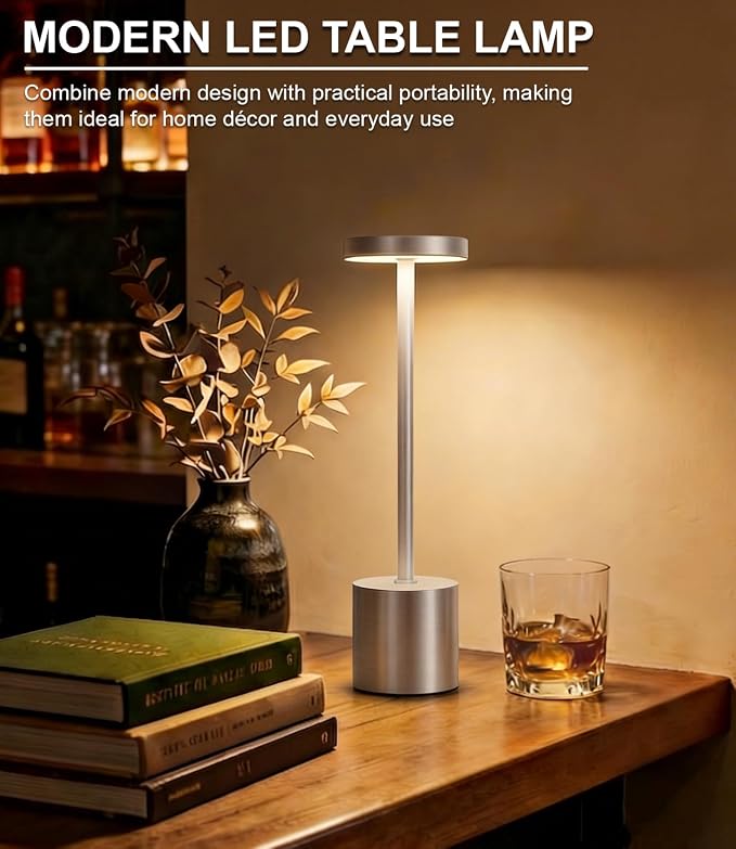 Silver Cordless Table Lamp Rechargeable - 2 Pack 5000mAH Battery Operated Lamp for Counter, 3 Color Stepless Dimming Waterproof LED Wireless Lamp for Dining Kitchen, Outdoor Patio, Touch Control