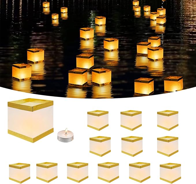 20Pack Paper Floating Water Lanterns,Gold+White Square Memorial Candle Lantern,Table Lanterns Decorative Outdoor for Weeding,Lawn,Pool,Wishing (20Pack Paper Lanterns with Candles)