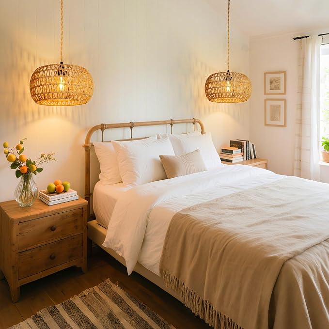 Hanging Light Ceiling Lamp Pendant Lights Rattan Hanging Lamp with Plug in Cord for Living Room Bedroom Kitchen Indoor Hanging Lamp Plug in Woven Lampshade