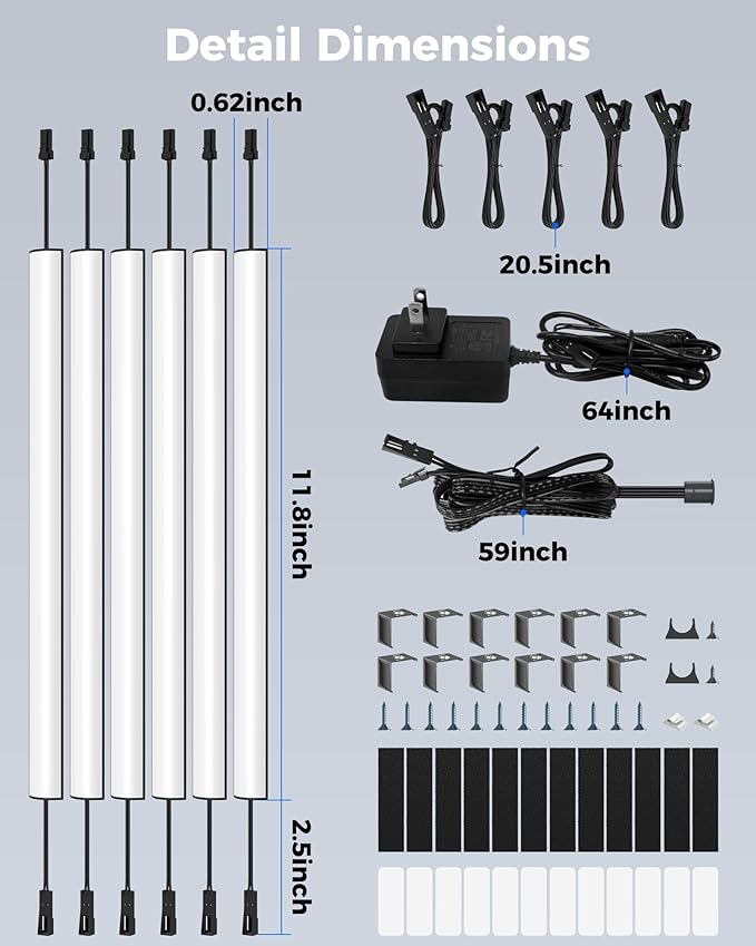 ASOKO Gun Safe Lighting Kit, 6pcs Linkable 12Inch Light Bars,1600LM Motion Activated Under Cabinet Lighting with 24V 1A Power Adapter, 6000K Cool White for Gun Safe Locker Closet Display Case