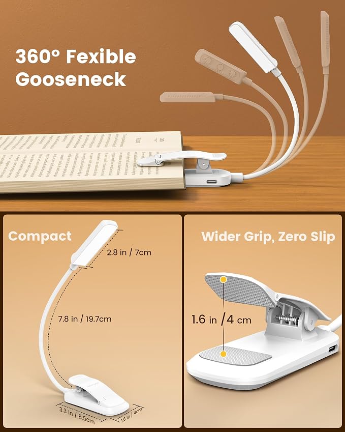 Glocusent 13 LED Book Lights for Reading at Night, Gifts for Book Lovers | Rechargeable Eye-Caring 3 Amber Colors Stepless Dimming, Travel Clip-on Lamp, Christmas Stocking Stuffer Reader Men Women Kid