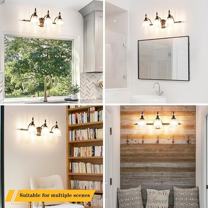 Matte Black Bathroom Vanity Light, Farmhouse Bathroom Light Fixtures Over Mirror, 3 Light Vanity Lighting Fixtures, Flower Glass Shade Wall Sconce Lighting